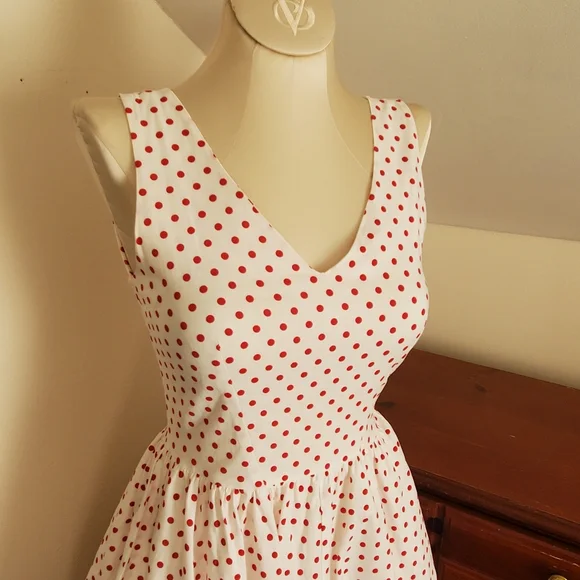 VINTAGE White And Red Polka Dot Dress A-line V-neck - Picture 3 of 7